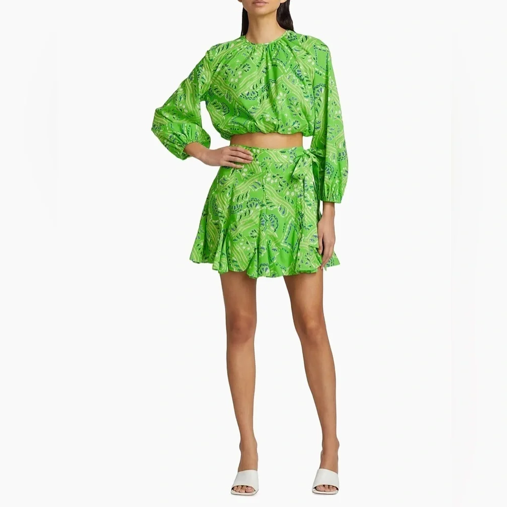 NWT RHODE Azure Top & Willow Skirt in Lime Diamond Stitch Puff Sleeve Paisley - Picture 4 of 15
